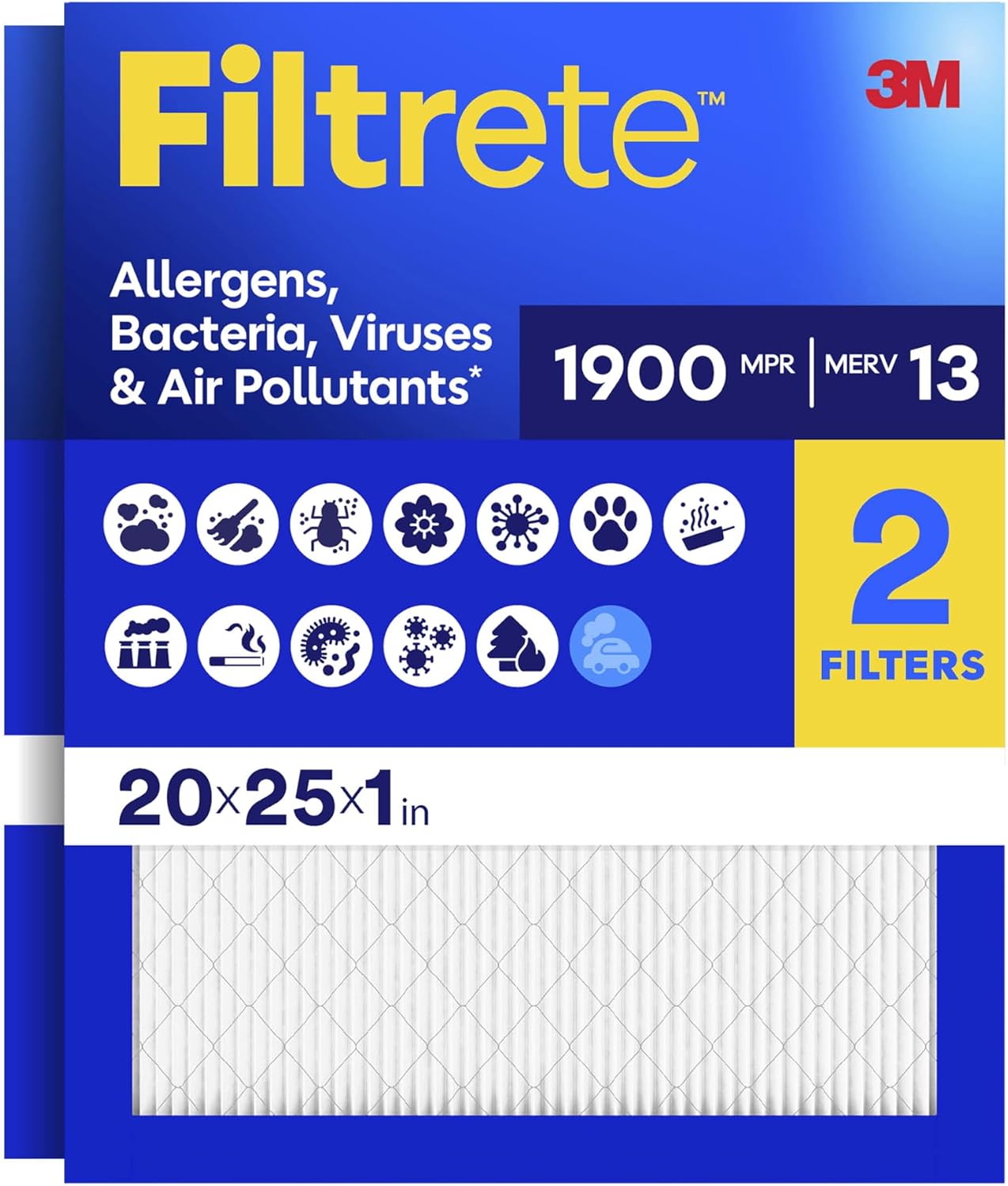 Filtrete 20x25x1 Air Filter, MERV 13 / MPR 1900, Allergen, Bacteria & Virus – 2-Pack