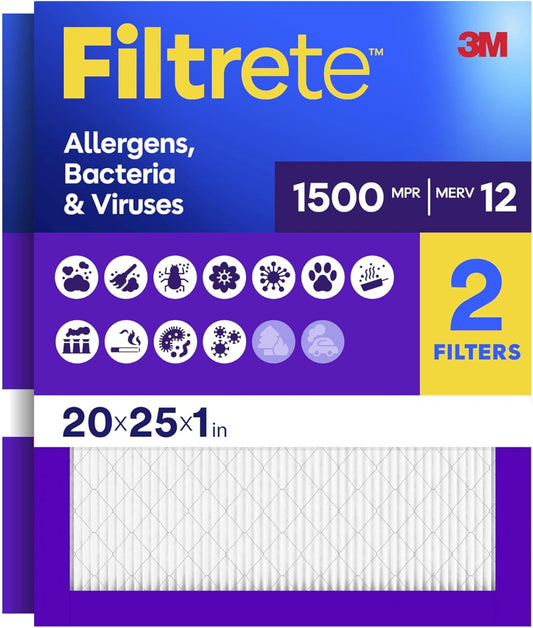 Filtrete 20x25x1 Air Filter, MERV 12, MPR 1500, Allergens, Bacteria & Viruses, 3-Month AC and Furnace Filters, 2-Pack - Fine Filters