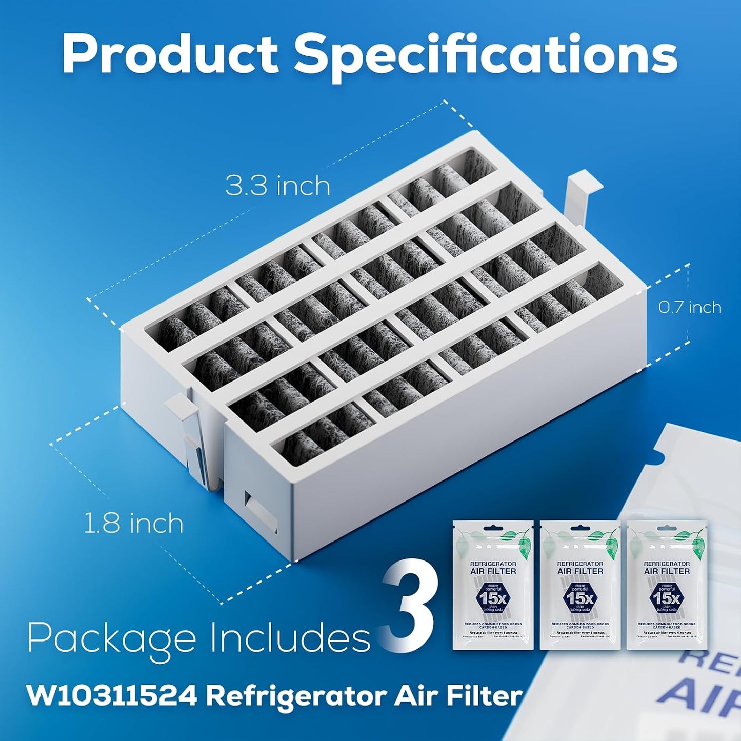 W10311524 AIR1 Refrigerator Air Filter Replacement for Whirlpool & Kenmore, FreshFlow Compatible, 3 Pack