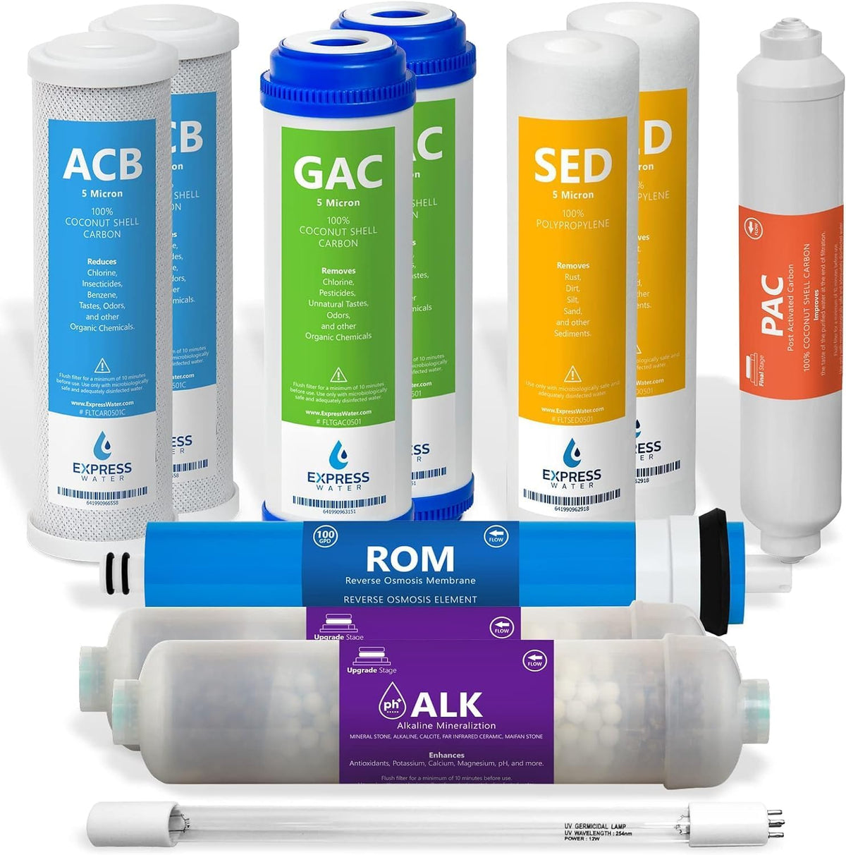 Express Water FLTSETALKUV1110Q RO Replacement Filter Set – Alkaline & UV, 100 GPD, 11 Filters, 1 Year Supply