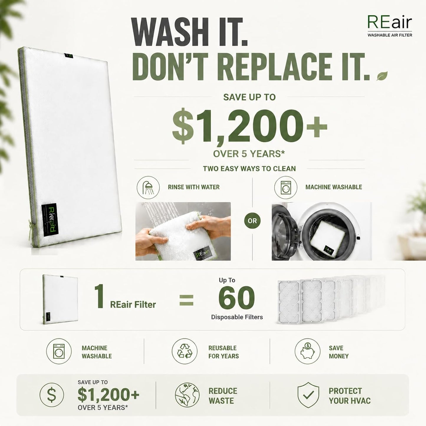 Reair 20x25x1 Washable Reusable Air Filter, MERV 8 – with Snap-On Frame