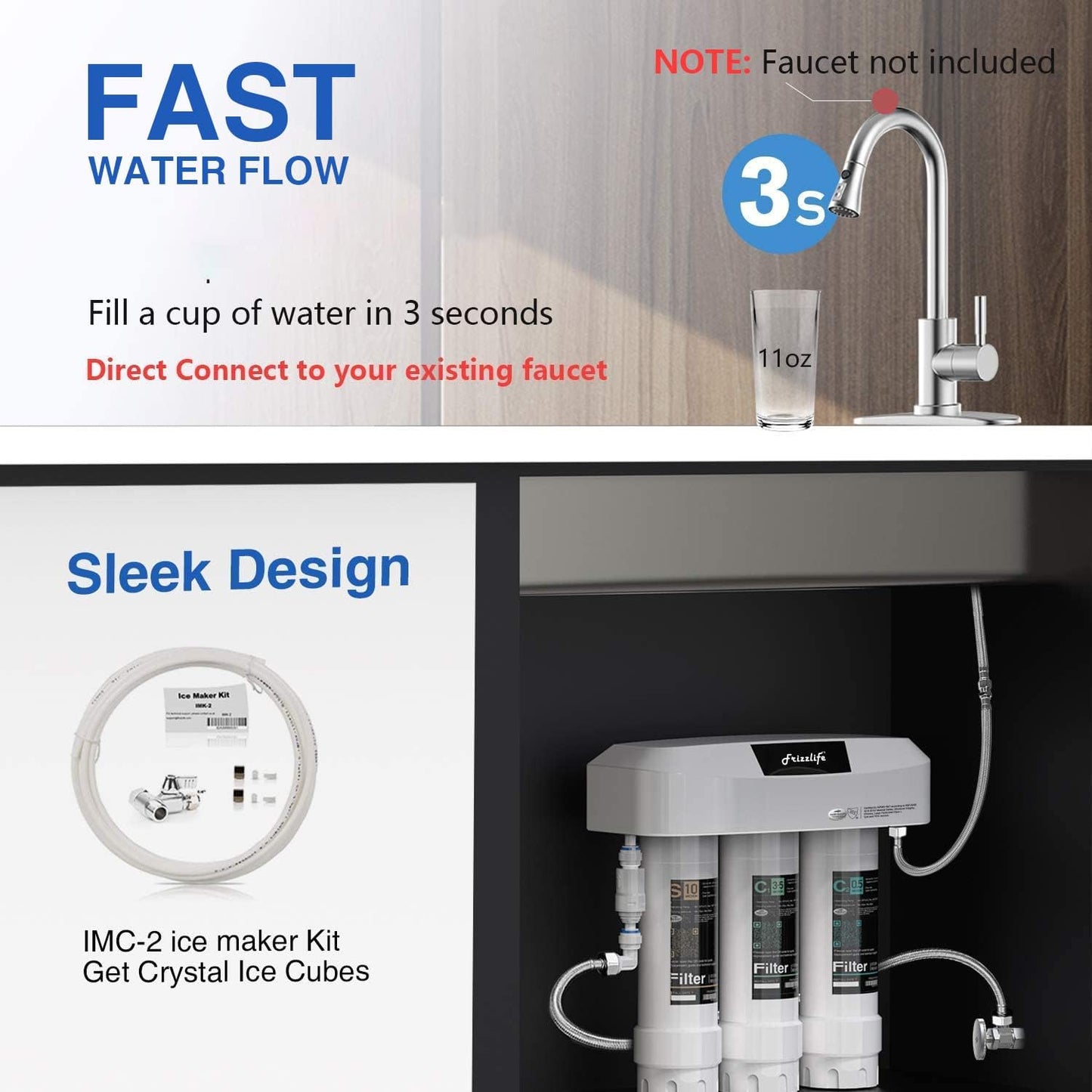 Frizzlife SK99 Under-Sink Water Filter System, Direct Connect, NSF 42/53 Certified, 0.5 Micron