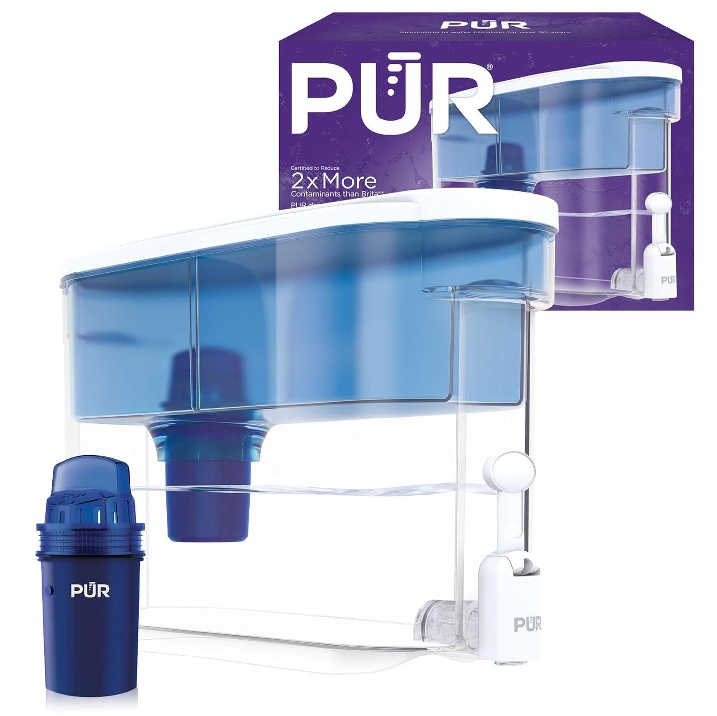 PUR 30-Cup Countertop Water Filter Dispenser with 1 Genuine PUR Filter, White/Blue