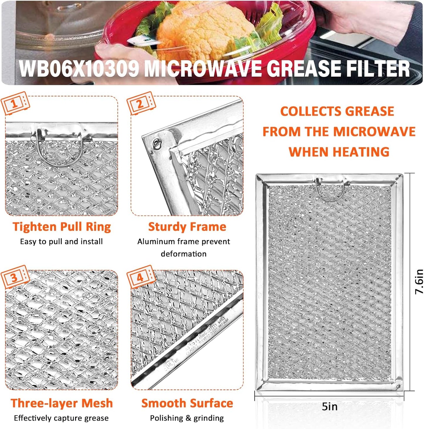 GE WB06X10309 Microwave Grease Filter, 5" x 7-5/8" Aluminum Mesh - 2 Pack