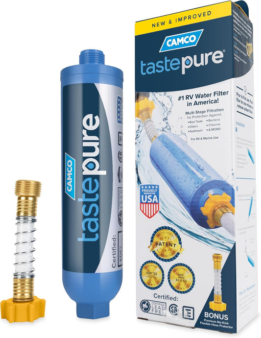 Camco TastePURE RV Inline Water Filter with Flexible Hose Protector, 40043