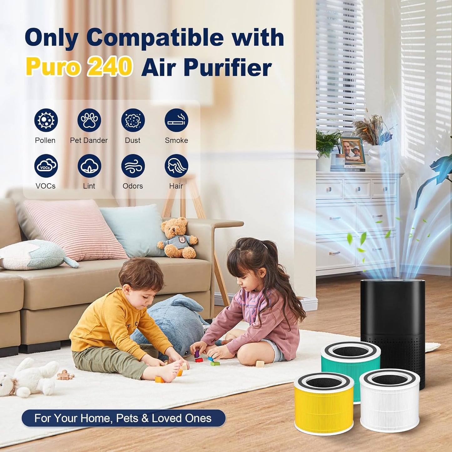 240 Air Purifier Replacement Filter, 4-Pack, 3-in-1 High-Efficiency Filter with Activated Carbon