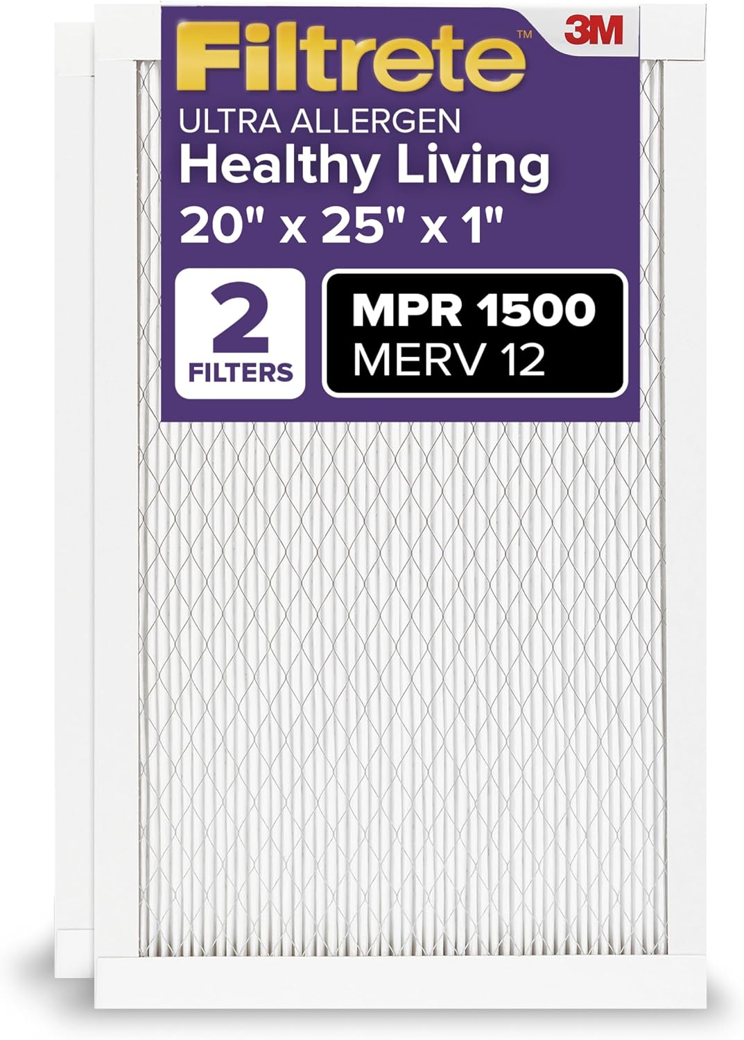 Filtrete 20x25x1 Air Filter, MERV 12, MPR 1500, Allergens, Bacteria & Viruses, 3-Month AC and Furnace Filters, 2-Pack