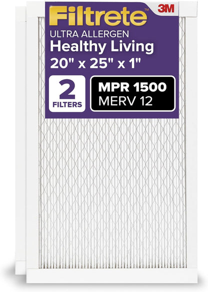 Filtrete 20x25x1 Air Filter, MERV 12, MPR 1500, Allergens, Bacteria & Viruses, 3-Month AC and Furnace Filters, 2-Pack