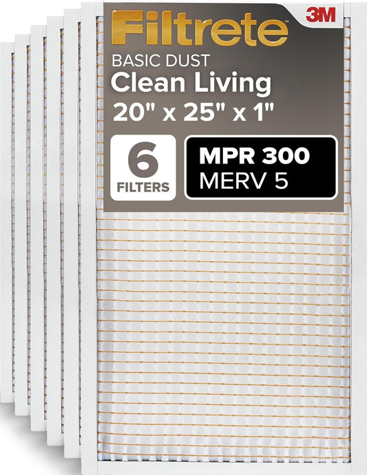 Filtrete 20x25x1 Air Filter MERV 5, 6-Pack AC Furnace HVAC Filters, MPR 300 Basic Dust Defense, Pleated Electrostatic - Fine Filters