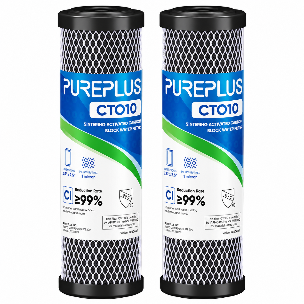 PUREPLUS 1 Micron 2.5" x 10" CTO Carbon Water Filter Cartridge 2 Pack