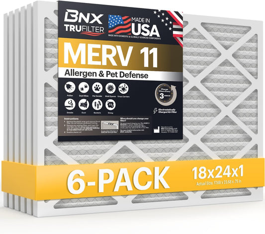 BNX TruFilter 18x24x1 Air Filter MERV 11 HVAC Furnace & AC Filter, 6-Pack