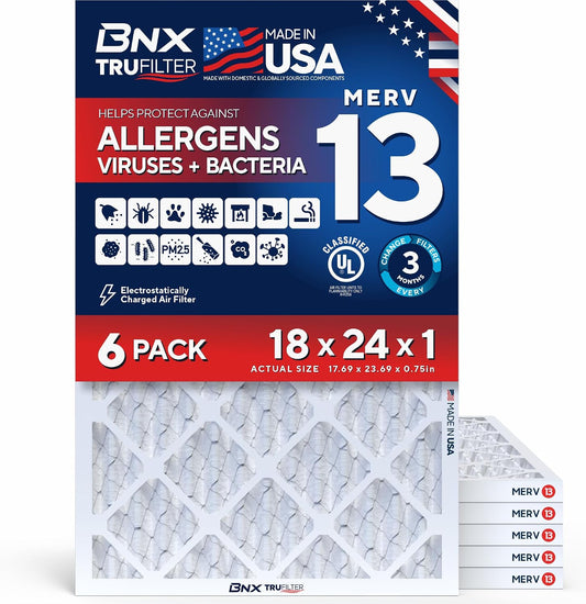 BNX TruFilter 18x24x1 Air Filter MERV 13 HVAC Furnace & AC Filter, 6-Pack