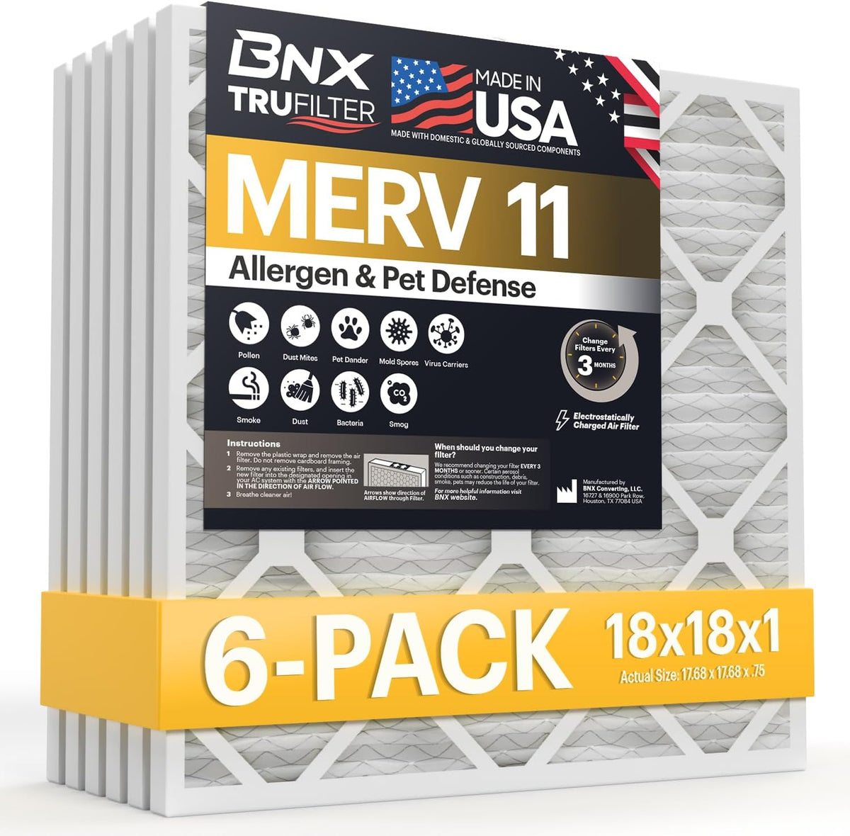 BNX TruFilter 18x18x1 Air Filter MERV 11 HVAC Furnace & AC Filter, 6-Pack