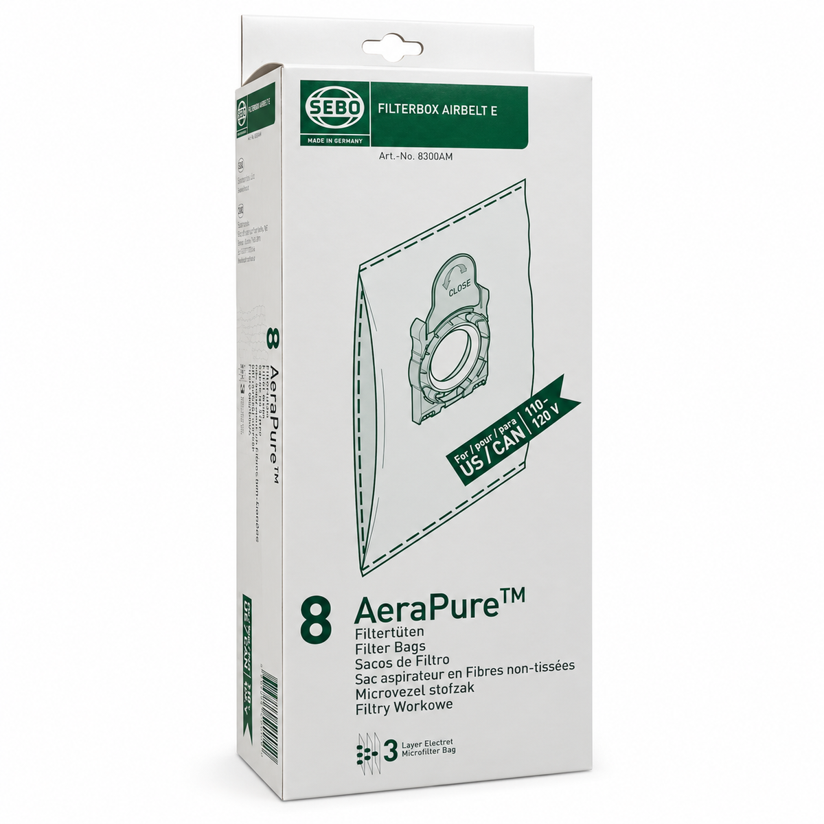 SEBO Filter Bag Box Airbelt E, 8 Three-Layer Ultra Bags with Caps, 8300AM
