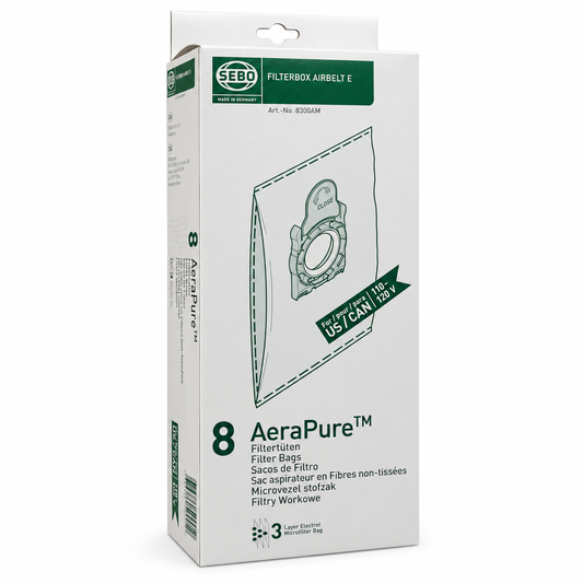 SEBO Filter Bag Box Airbelt E, 8 Three-Layer Ultra Bags with Caps, 8300AM