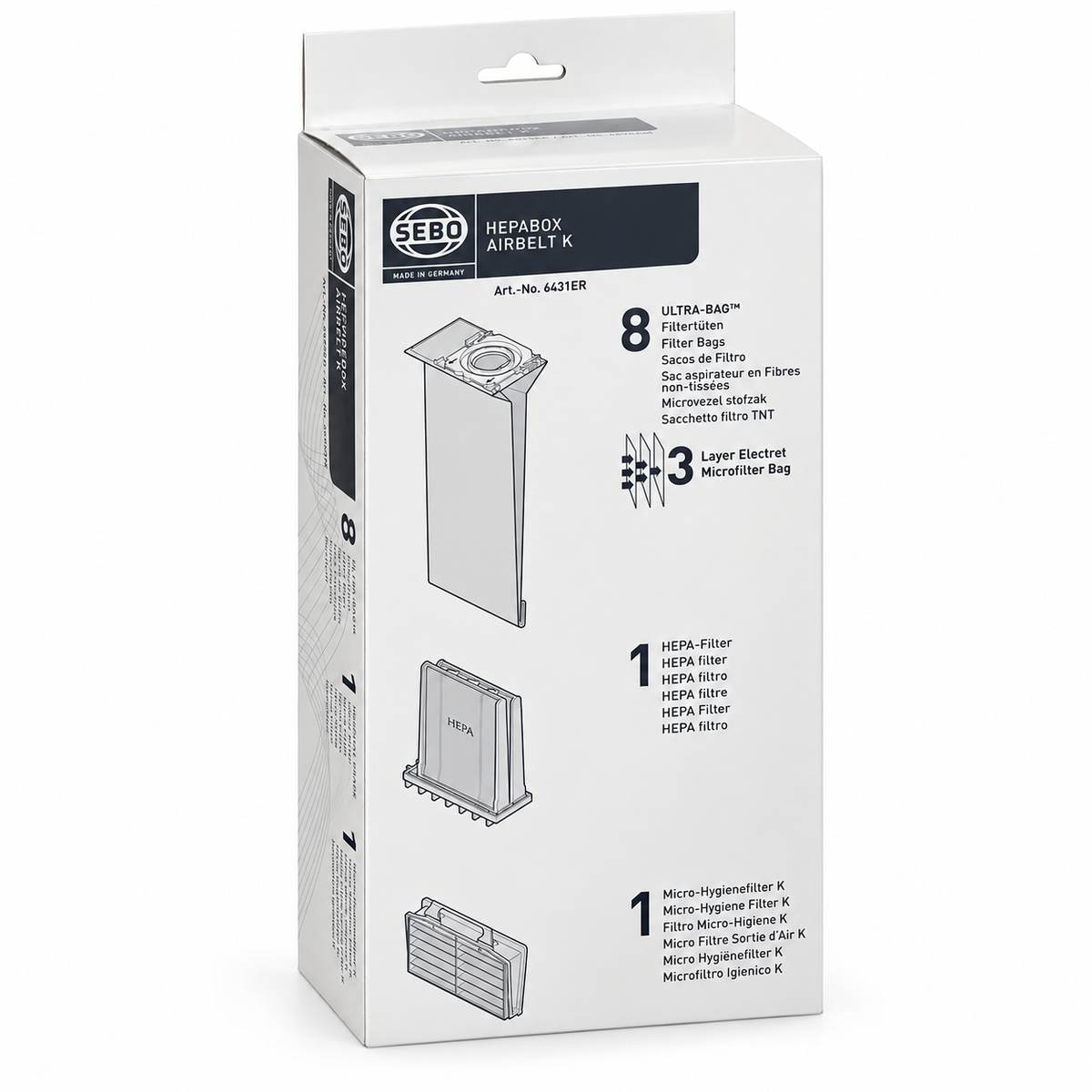 SEBO 6431ER HEPA Box for K Series Vacuum Cleaners 8 Ultra Bags, HEPA Filter and Exhaust Filter