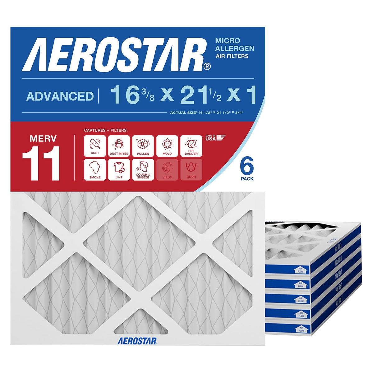 Aerostar Air Filter 16.375x21.5x1 MERV 11 AC Filter, Furnace Filter, 6 Pack