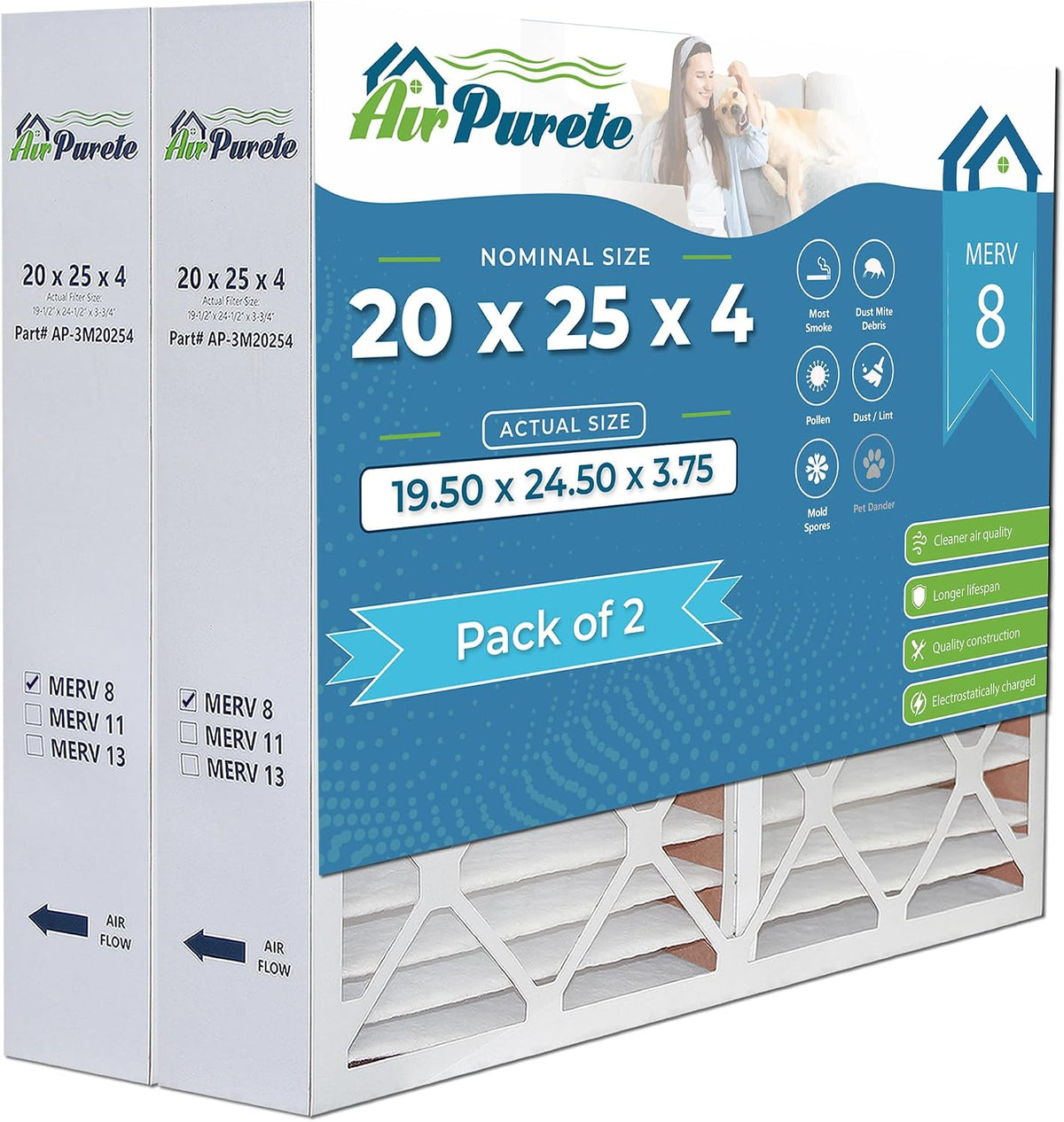 AirPurete 20x25x4 MERV 8 Pleated HVAC Furnace Air Filter, 2 Pack