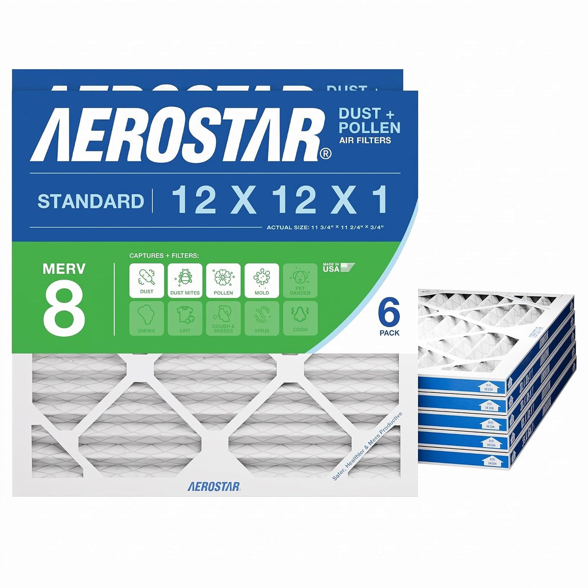Aerostar Air Filter 12x12x1 MERV 8 AC Filter, HVAC, Furnace Filter, 12 Pack