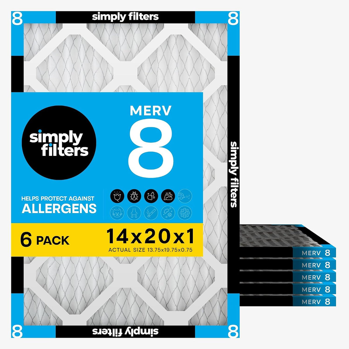 Simply Filters 14x20x1 Air Filter MERV 8, AC Furnace & HVAC, 6 Pack