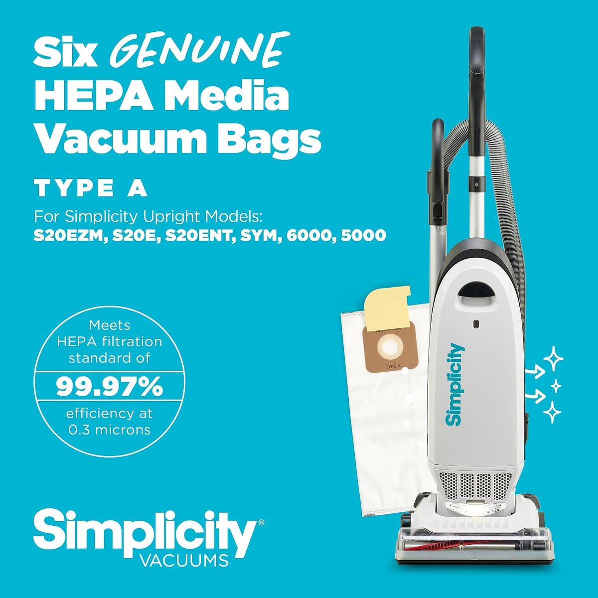 Simplicity Vacuum Bags Type A, SAH-6 Hepa Vacuum Replacement Bags, 6 Pack