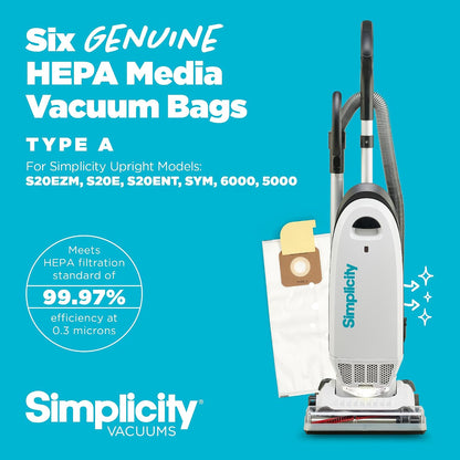 Simplicity Vacuum Bags Type A, SAH-6 Hepa Vacuum Replacement Bags, 6 Pack