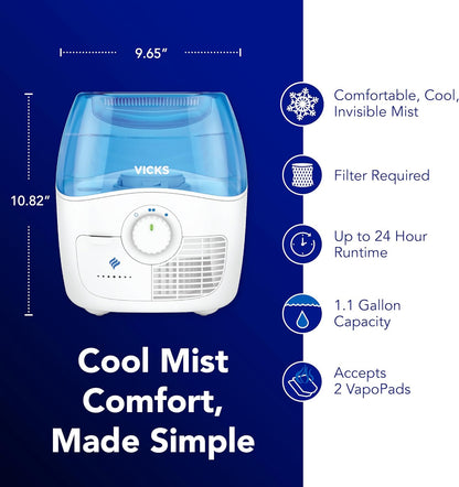 Vicks Filtered Cool Mist Humidifier, Medium Room, 1.1 Gal. Tank, Blue/White