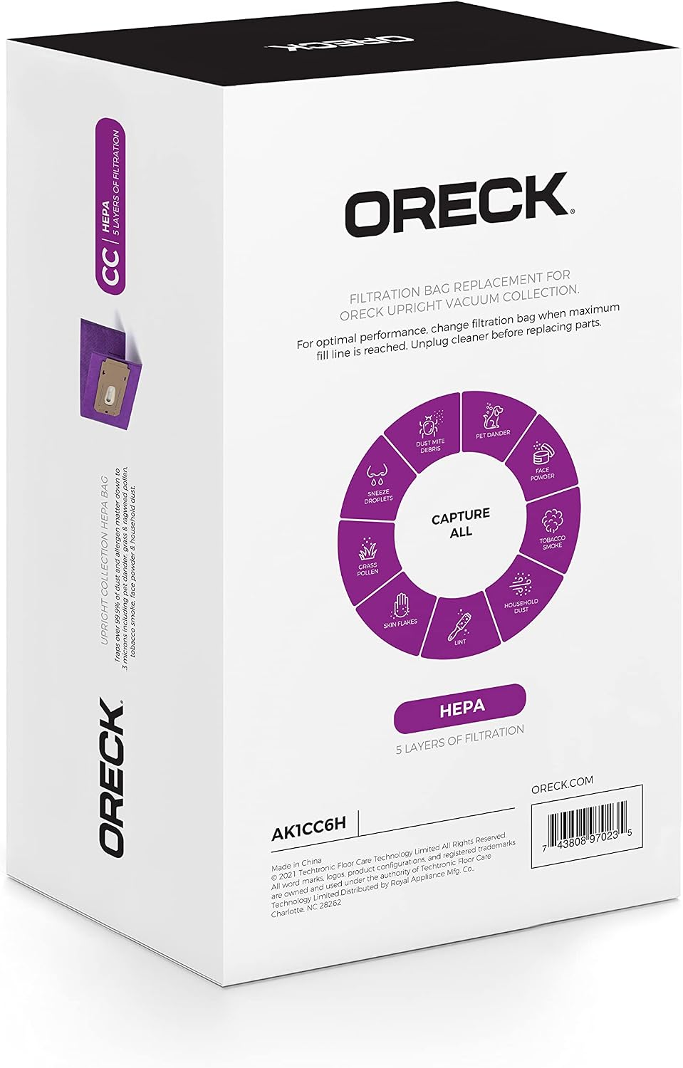 Oreck Vacuum Cleaner Bags for Upright Vacs, Pack of 6, Purple, Type CC