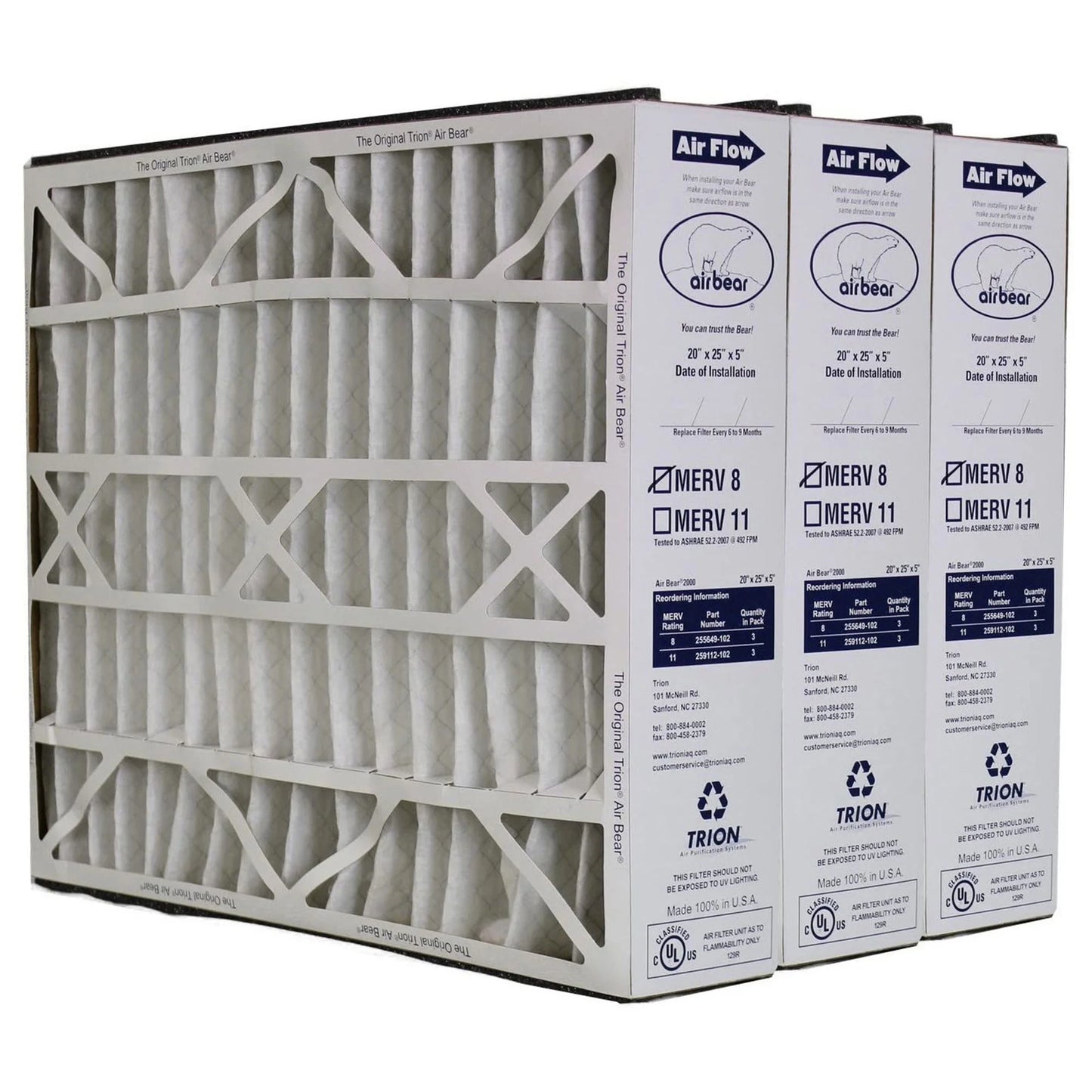 255649-102 Air Bear 20X25X5 Inch MERV 8 Air Purifier Filter for Air Bear Supreme, Right Angle, and Cub Air Cleaner Purification Systems (3 Pack)