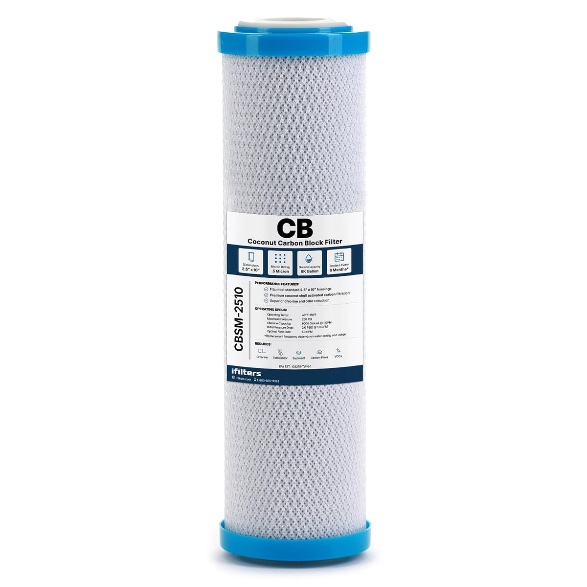 iFilters CBSM-2510 0.5 Micron Coconut Shell Carbon Block Under Sink Water Filter