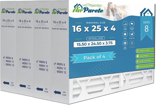 AirPurete 16x25x4 Pleated Furnace Air Filter, MERV 8, Pack of 4