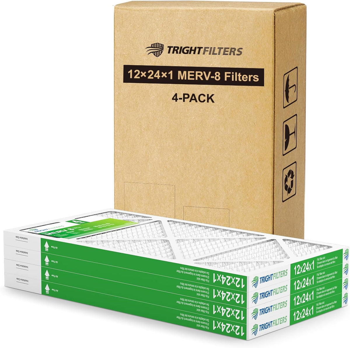 TRIGHTFILTERS 12x24x1 Air Filter Pleated HVAC Furnace and AC Filter MERV 8, 4 Pack