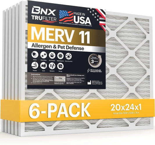 BNX TruFilter 20x24x1 Air Filter MERV 11 HVAC Furnace & AC Filter, 6-Pack