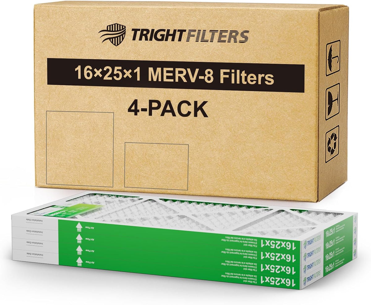 TRIGHTFILTERS 16x25x1 Air Filter Pleated HVAC Furnace and AC Replacement Filters MERV 8, 4 Pack
