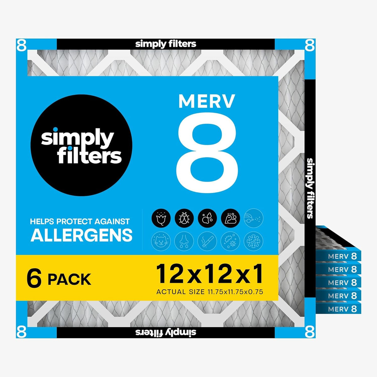 Simply 12x12x1 Air Filter, MERV 8, Furnace Air Filter, 6 Pack