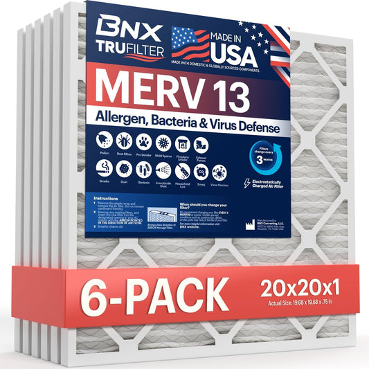 BNX TruFilter 20x20x1 Air Filter MERV 13, HVAC Furnace & AC Filter 6-Pack