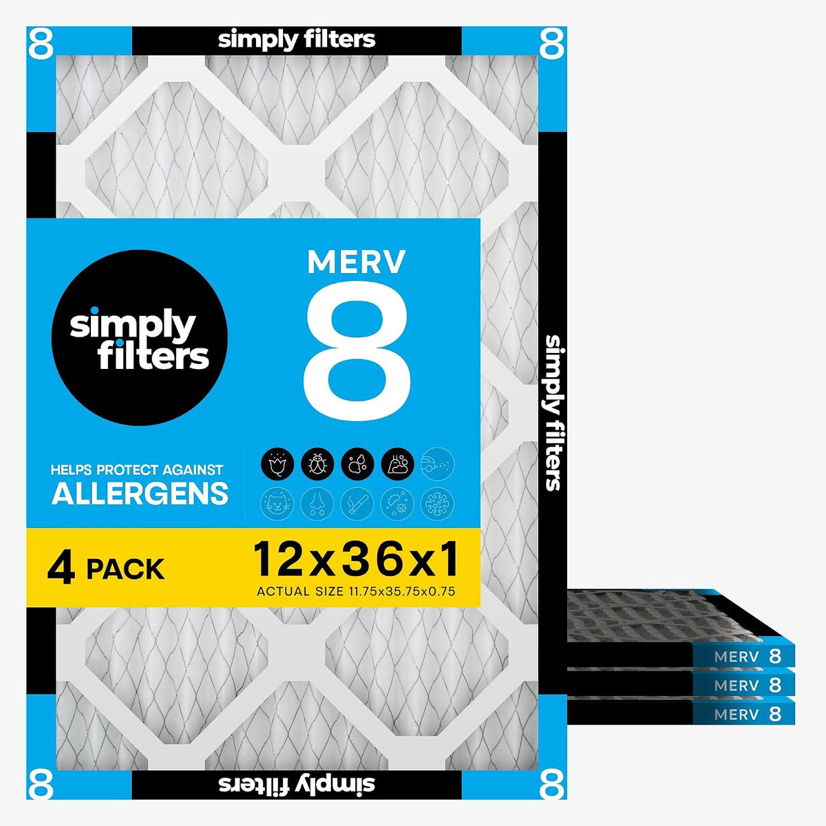 Simply 12x36x1 Air Filter, MERV 8, AC Furnace & HVAC, 4 Pack