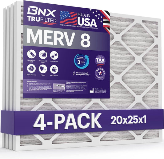 BNX TruFilter 20x25x1 Air Filter MERV 8, HVAC AC Furnace Filters, 4 Pack