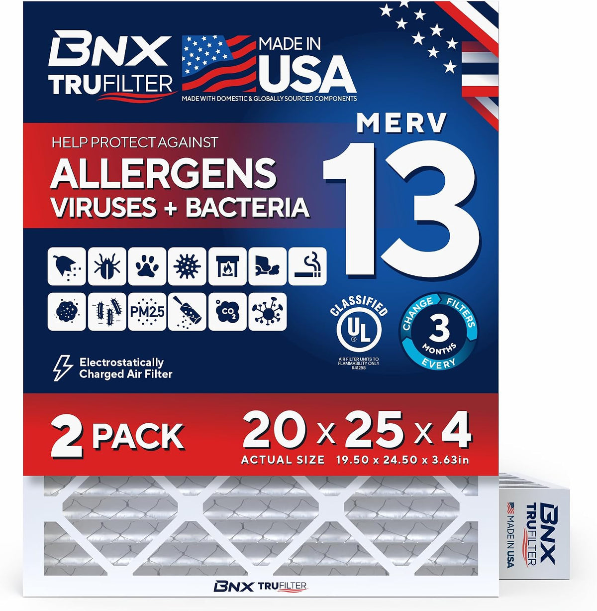 BNX TruFilter 20x25x4 Air Filter MERV 13, HVAC Furnace & AC Filter 2-Pack