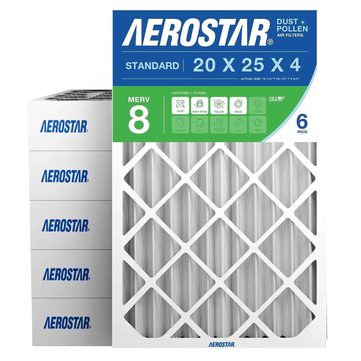 Aerostar Air Filter 20x25x4 MERV 8 AC Filter, HVAC, Furnace Filter, 6 Pack