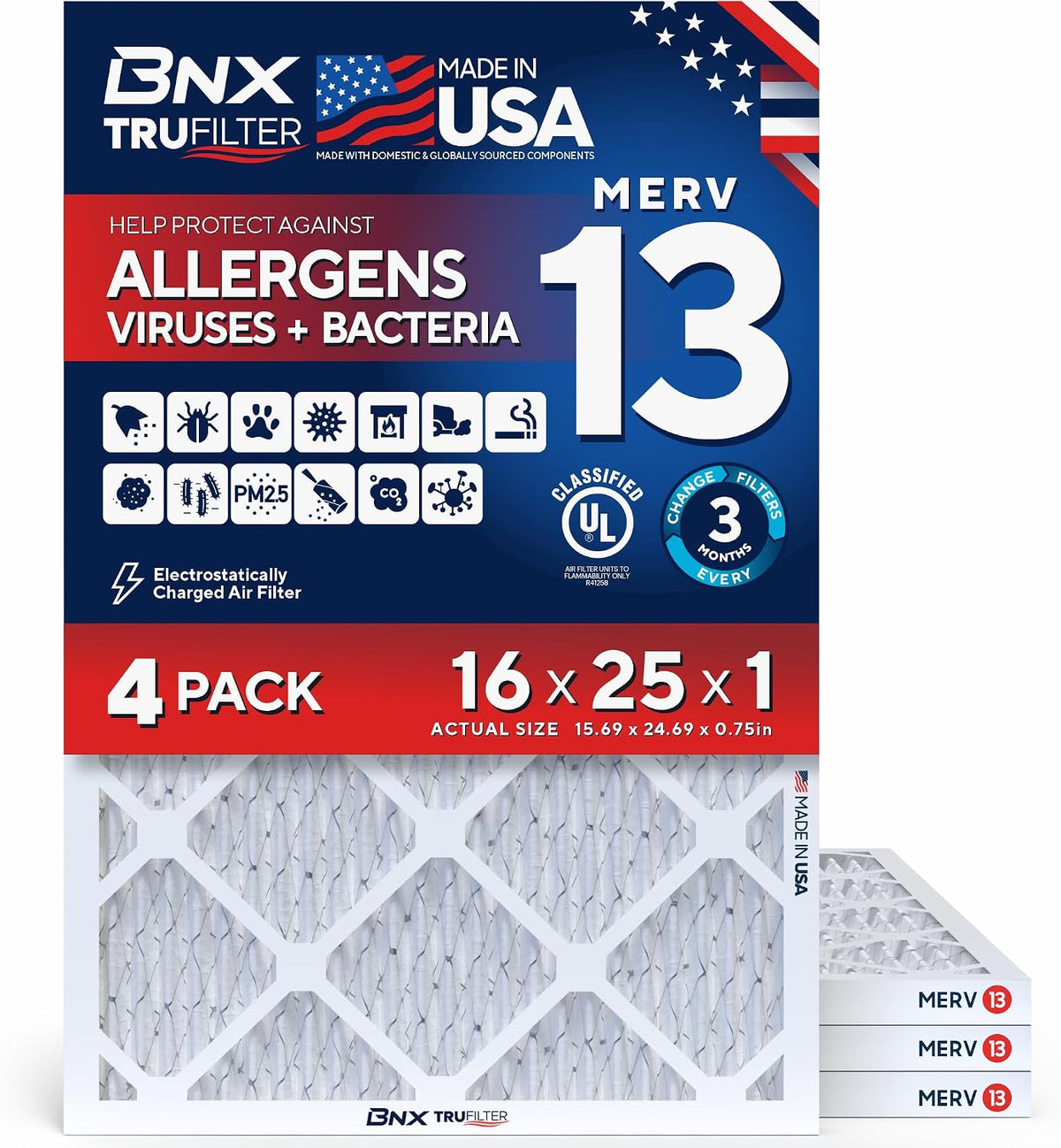 BNX TruFilter 16x25x1 Air Filter MERV 13 HVAC Furnace & AC Filter, 4 Pack
