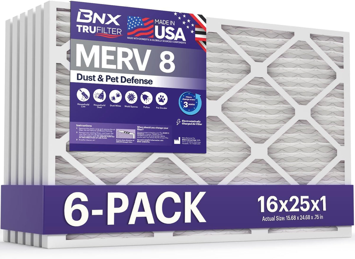 BNX TruFilter 16x25x1 Air Filter MERV 8 HVAC Furnace & AC Filter, 6-Pack