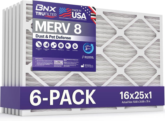 BNX TruFilter 16x25x1 Air Filter MERV 8 HVAC Furnace & AC Filter, 6-Pack