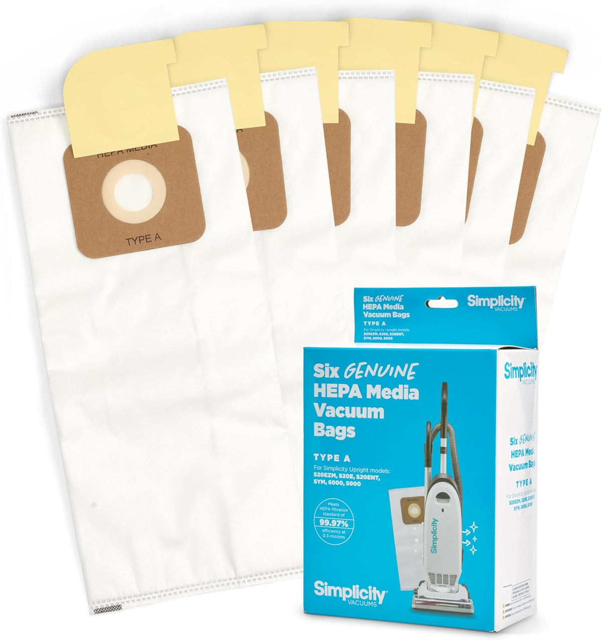 Simplicity Vacuum Bags Type A, SAH-6 Hepa Vacuum Replacement Bags, 6 Pack