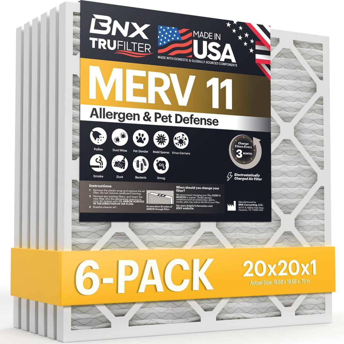 BNX TruFilter 20x20x1 Air Filter MERV 11 HVAC Furnace & AC Filter, 6-Pack