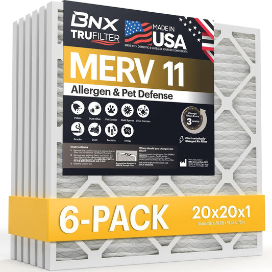 BNX TruFilter 20x20x1 Air Filter MERV 11 HVAC Furnace & AC Filter, 6-Pack