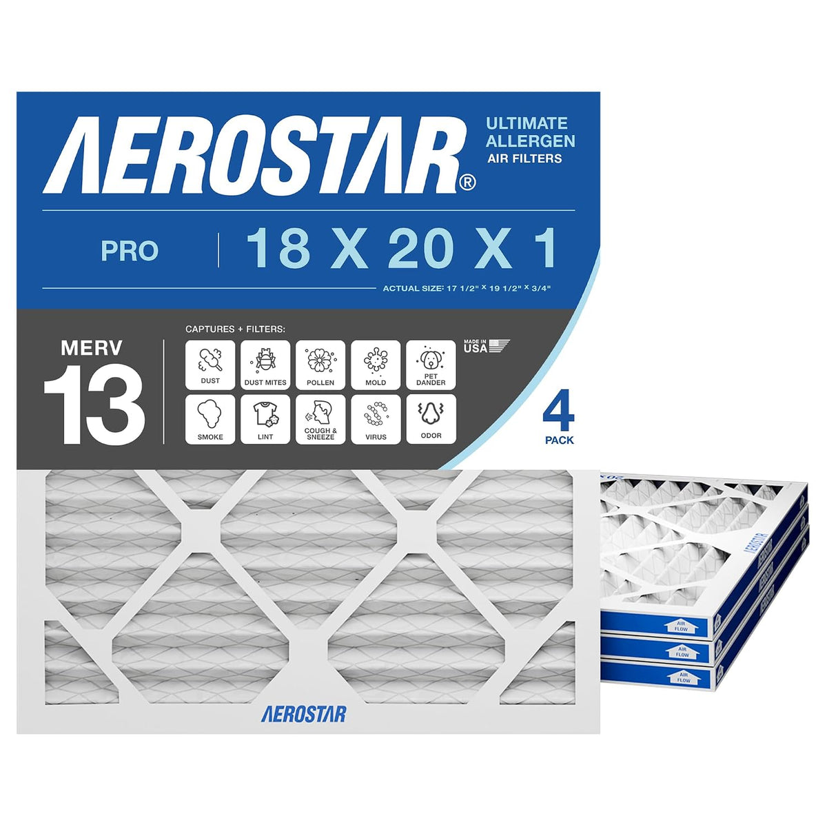 Aerostar Air Filter 18x20x1 MERV 13 AC Filter, HVAC, Furnace Filter, 4 Pack