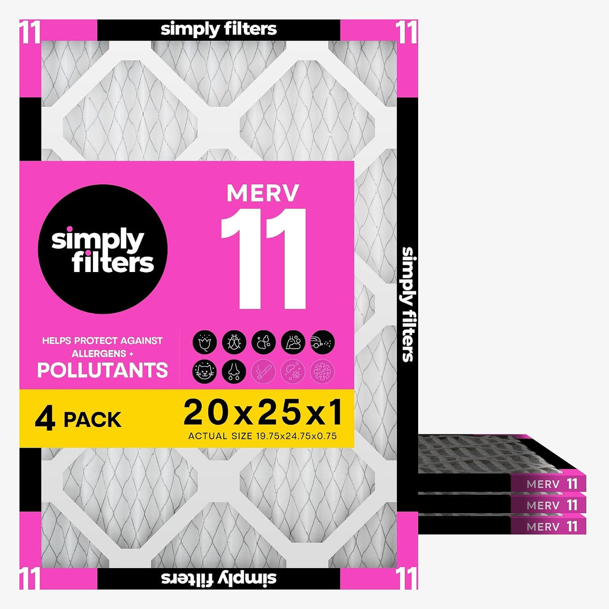 Simply 20x25x1 Air Filter, MERV 11, AC Furnace & HVAC, 4 Pack