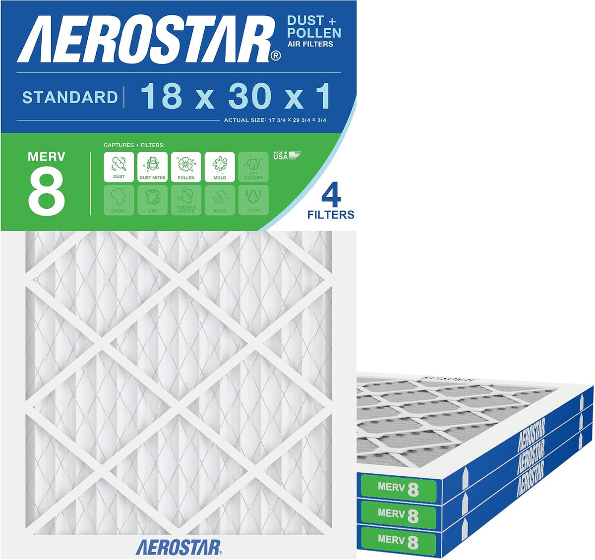 Aerostar 18x30x1 MERV 8 Pleated Air Filter, AC Furnace Air Filter, 4 Pack