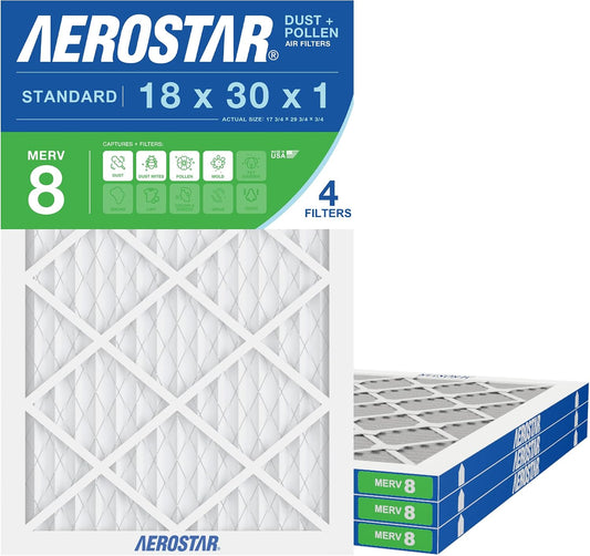 Aerostar 18x30x1 MERV 8 Pleated Air Filter, AC Furnace Air Filter, 4 Pack